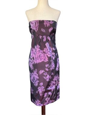 Vintage 90s Mario Balthazar Strapless Purple Floral Taffeta Midi Dress Small